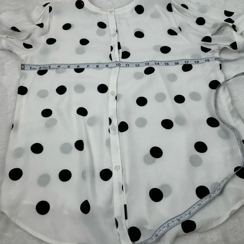 Loft Women's Size M Button Back Semi‎ Sheer Polka Dot Blouse Black White